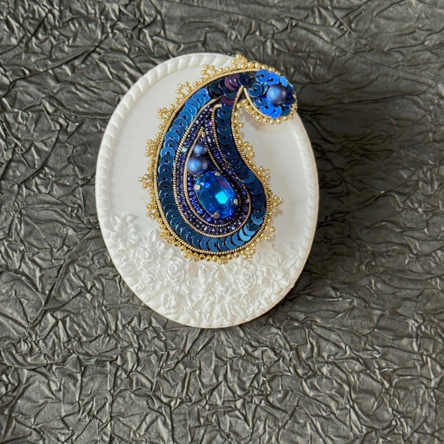 Handmade Blue Paisley Brooch: Beaded Indian Style Statement Pin