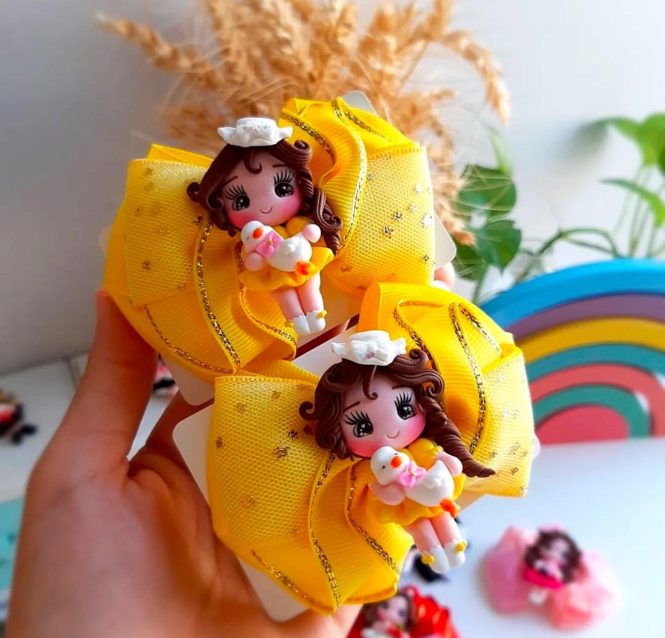 Handmade Hair Bow Clip: Polymer Clay Figurine, Girls Hair Accessory