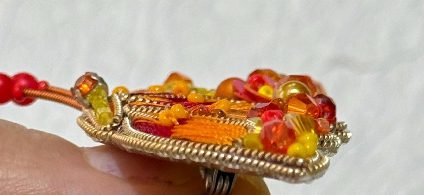 Handmade Beaded Butterfly Brooch: Embroidered Orange & Gold Pin