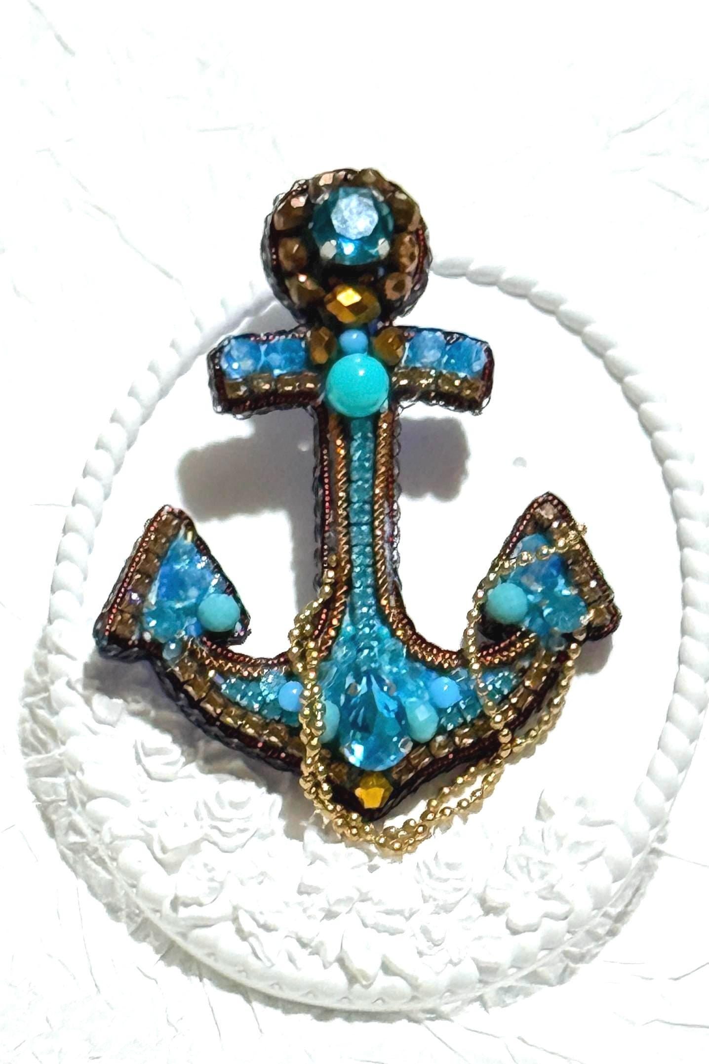 Handmade Beaded Anchor Brooch: Blue Crystal Nautical Pin