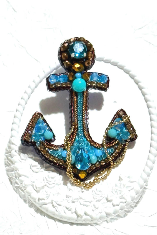Handmade Beaded Anchor Brooch: Blue Crystal Nautical Pin