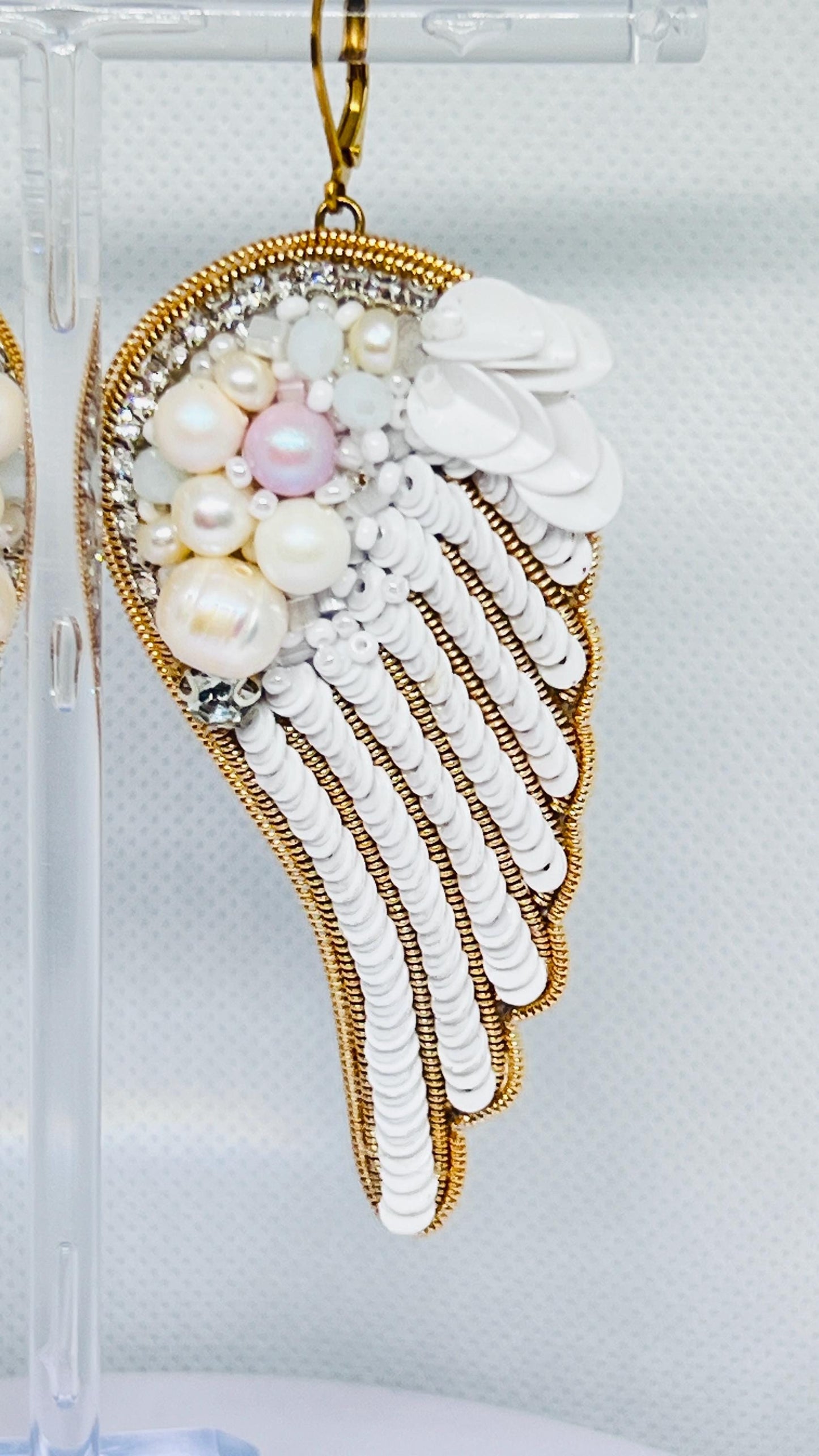 Handmade Angel Wing Earrings: Pearl, Crystal, and Sequin Statement Jewelry